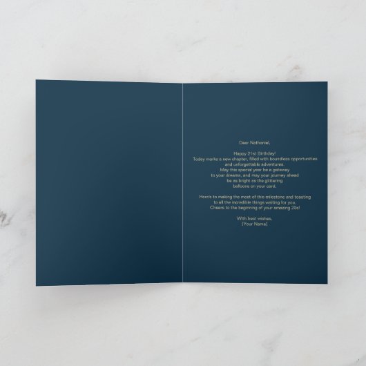 Gouden en blauwe strepen en ballonnen 21e verjaard kaart (Binnen)