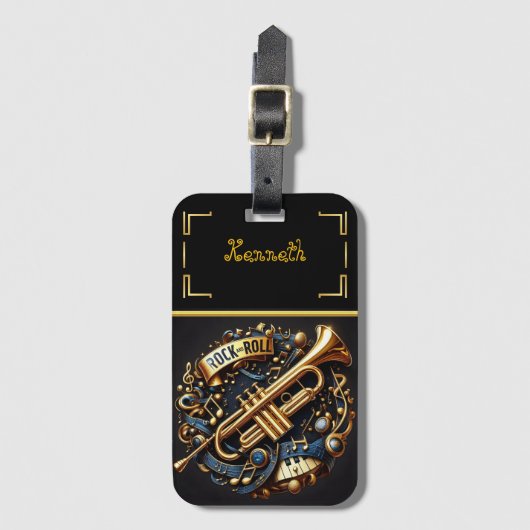 Gouden en blauwe trompet met Rock Spirit Bagagelabel (Voorkant (verticaal))