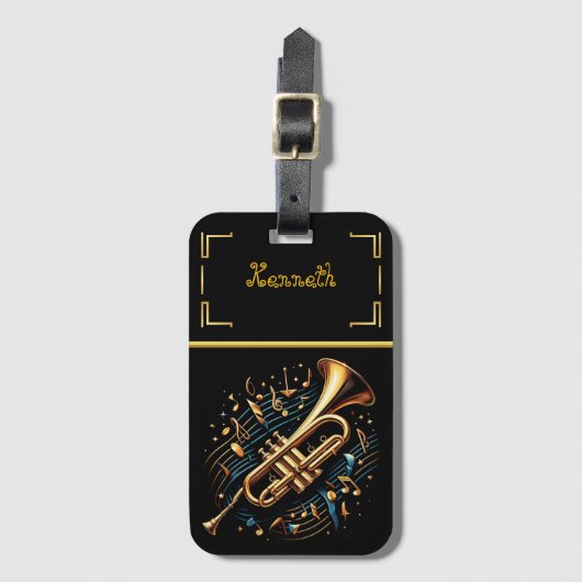 Gouden en blauwe trompet voor muziekliefhebbers bagagelabel (Voorkant (verticaal))