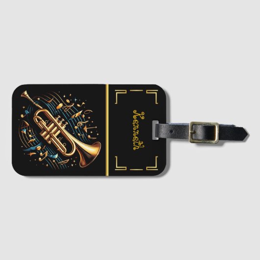 Gouden en blauwe trompet voor muziekliefhebbers bagagelabel (Voorkant (horizontaal))
