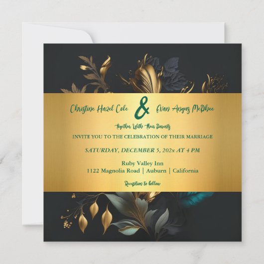 Gouden en blauwe tuin huwelijksuitnodiging kaart (Achterkant)