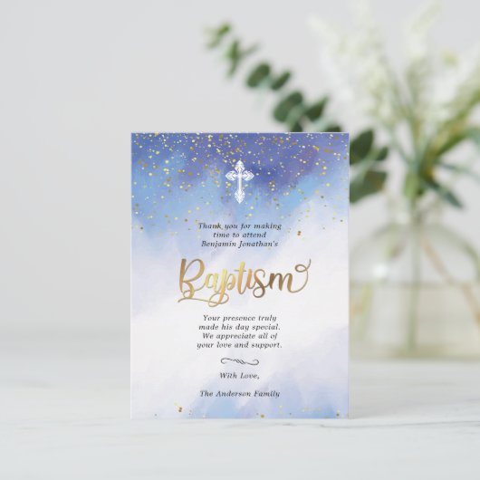 Gouden en Blauwe Waterverf Doop Dank U Briefkaart (Staand voorkant)