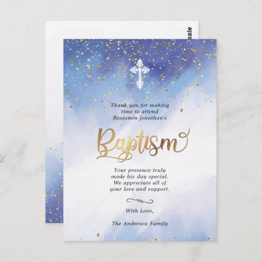 Gouden en Blauwe Waterverf Doop Dank U Briefkaart (Voorkant / Achterkant)