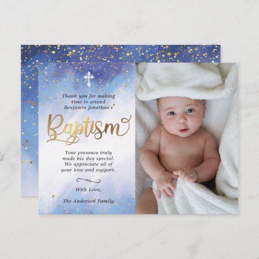 Gouden en Blauwe Waterverf Doopsel Foto Dank U Briefkaart (Voorkant / Achterkant)