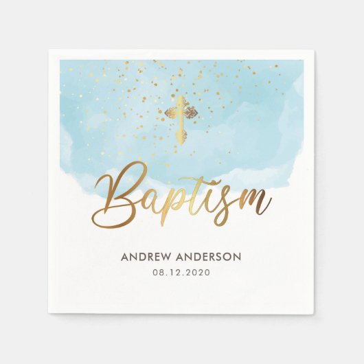 Gouden en Blauwe Waterverf Jongensdoop Servet (Voorkant)