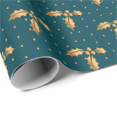 Gouden en Blauwgroen Blauwe Kerstmis Holly Cadeaupapier (Rol Hoek)