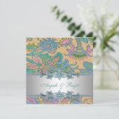 Gouden en Blauwgroen Blue Paisley bruiloft Kaart (Staand voorkant)