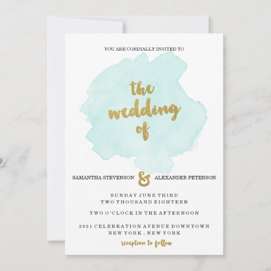 Gouden en Blauwgroen Blush bruiloft uitnodiging (Voorkant)