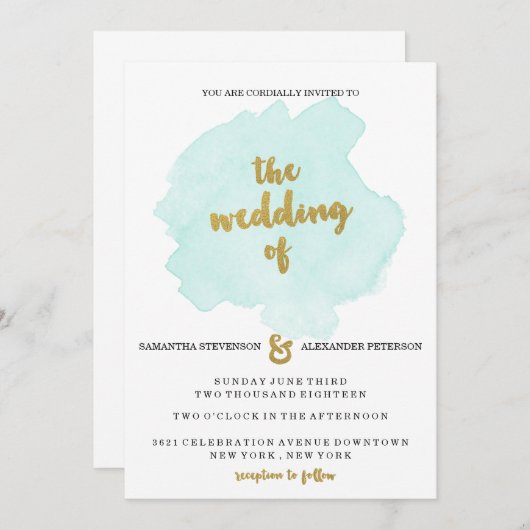 Gouden en Blauwgroen Blush bruiloft uitnodiging (Voorkant / Achterkant)