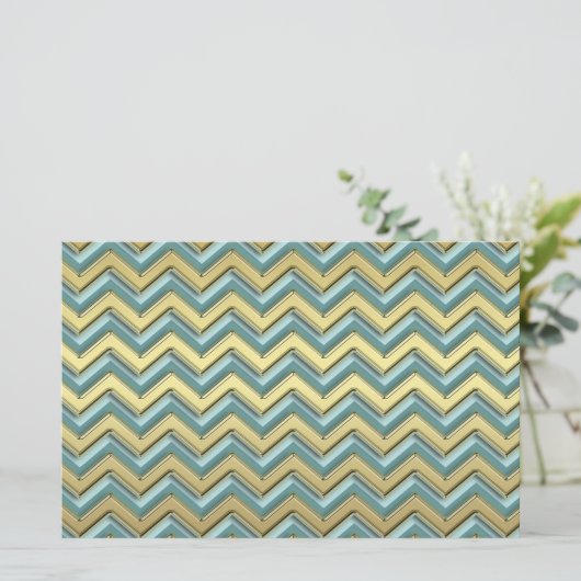 Gouden en Blauwgroen Chevron Pattern Briefpapier (Staand voorkant)