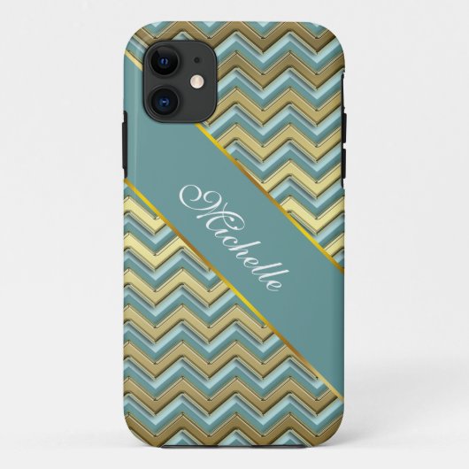 Gouden en Blauwgroen Chevron Pattern Case-Mate iPhone Case (Achterkant)