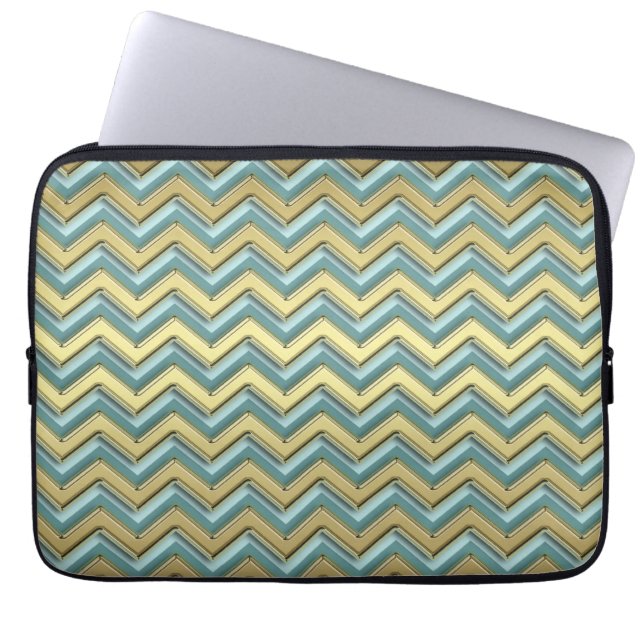 Gouden en Blauwgroen Chevron Pattern Laptop Sleeve (Voorkant)