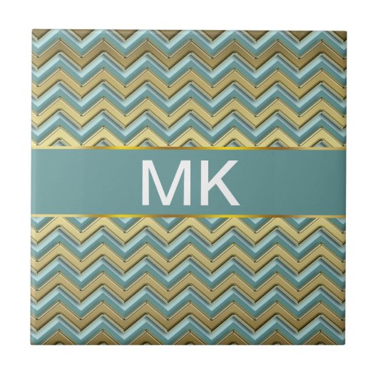 Gouden en Blauwgroen Chevron Pattern Tegeltje (Voorkant)