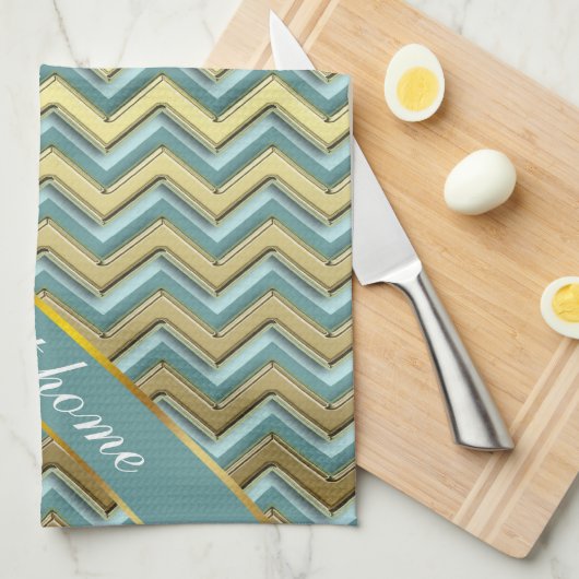 Gouden en Blauwgroen Chevron Pattern Theedoek (Quarter Fold)