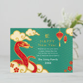 Gouden en Blauwgroen Chinese Nieuwjaarsslang Folie Feestdagenkaart (Staand Voorkant)