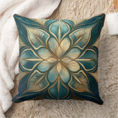Gouden en Blauwgroen Floral Mandala - Sophisticate Kussen (Deken)