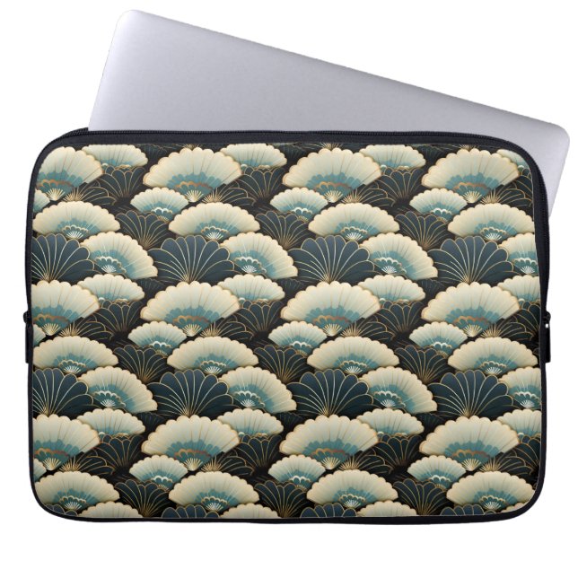 Gouden en Blauwgroen Patroon Japans-geïnspireerde  Laptop Sleeve (Voorkant)