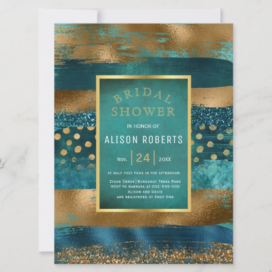 Gouden en blauwgroen penseelstreken bruiloft vrijg kaart (Voorkant)