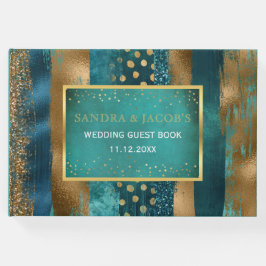 Gouden en blauwgroen penseelstreken en confetti br gastenboek