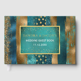 Gouden en blauwgroen penseelstreken en confetti br gastenboek