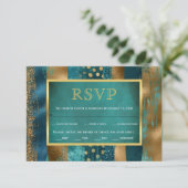 Gouden en blauwgroen streken, confetti bruiloft RS RSVP Kaartje (Staand voorkant)