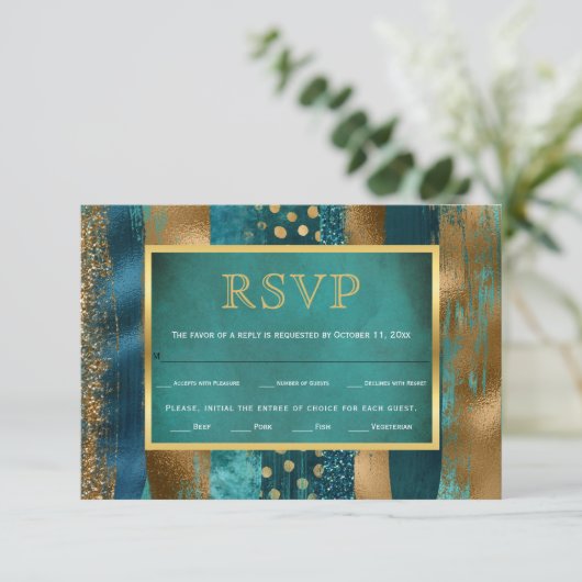 Gouden en blauwgroen streken, confetti bruiloft RS RSVP Kaartje (Staand voorkant)