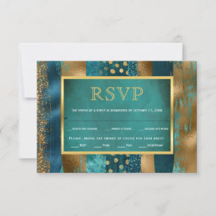 Gouden en blauwgroen streken, confetti bruiloft RS RSVP Kaartje
