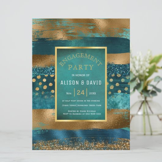 Gouden en blauwgroen verfslagen verlovingsfeest kaart (Staand voorkant)