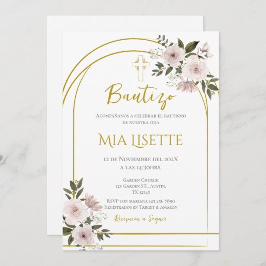 Gouden en bloemendoop uitnodiging voor meisje in S (Voorkant / Achterkant)