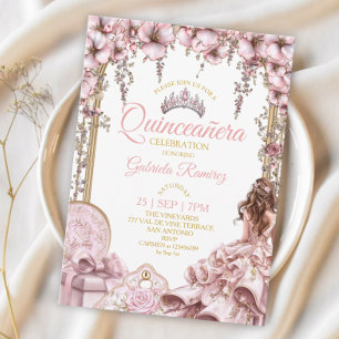 Gouden en Blos Roze Tiara Bloemige Quinceañera Kaart