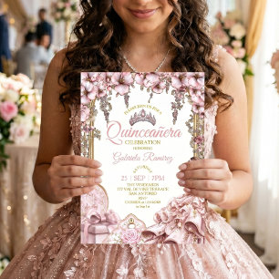 Gouden en Blos Roze Tiara Bloemige Quinceañera Kaart