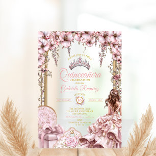 Gouden en Blush Roze Tiara Bloemige Quinceañera Acryl Uitnodigingen
