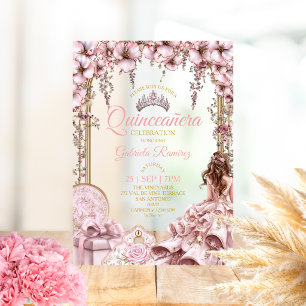 Gouden en Blush Roze Tiara Bloemige Quinceañera Acryl Uitnodigingen