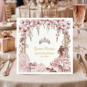 Gouden en Blush Roze Tiara Bloemige Quinceañera Servet