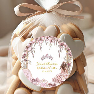 Gouden en Blush Roze Tiara Bloemrijke Quinceañera Ronde Sticker