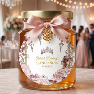Gouden en Blush Roze Tiara Bloemrijke Quinceañera Ronde Sticker