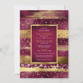 Gouden en bordeaux streken en confetti bruiloft kaart (Voorkant)