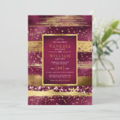Gouden en bordeaux streken en confetti bruiloft kaart (Staand voorkant)