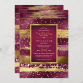 Gouden en bordeaux streken en confetti bruiloft kaart (Voorkant / Achterkant)