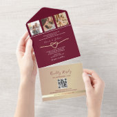 Gouden en Bourgondische bruiloft QR-code All In One Uitnodiging (Afscheurbaar)