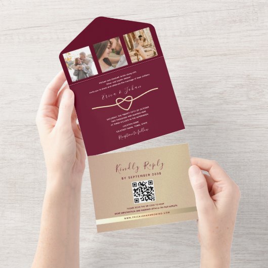 Gouden en Bourgondische bruiloft QR-code All In One Uitnodiging (Afscheurbaar)