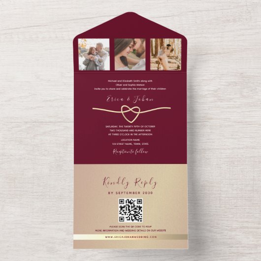 Gouden en Bourgondische bruiloft QR-code All In One Uitnodiging (Binnen)