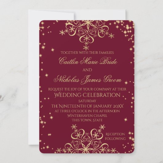 Gouden en Bourgondische Winter Wedding Sneeuwvlokk Kaart (Voorkant)