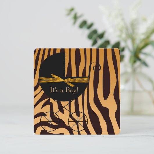 Gouden en bruine Carriage Boy Zebra Baby shower Kaart (Staand voorkant)