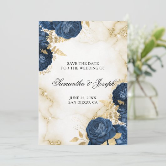 gouden en donkerblauwe Floral Border Save The Date (Staand voorkant)