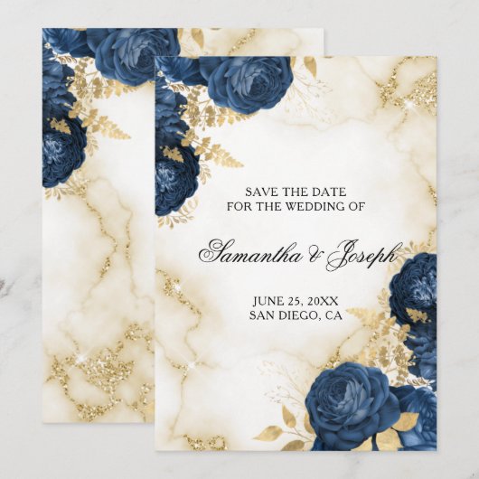 gouden en donkerblauwe Floral Border Save The Date (Voorkant / Achterkant)