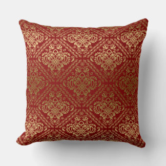 gouden en donkerrode Floral Damask Kussen