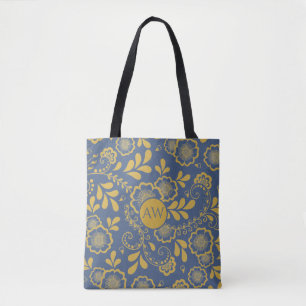 Gouden en Frans blauwe Victoriaanse kantmonogram Tote Bag