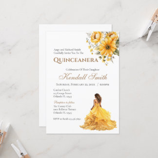 Gouden en gele bloemen prinses Quinceanera Kaart
