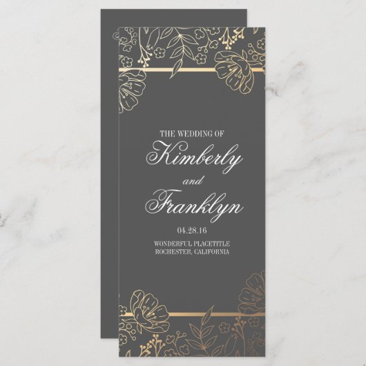 Gouden en Grijze  Bloemen Trouwprogramma's Programmakaart (Voorkant / Achterkant)
